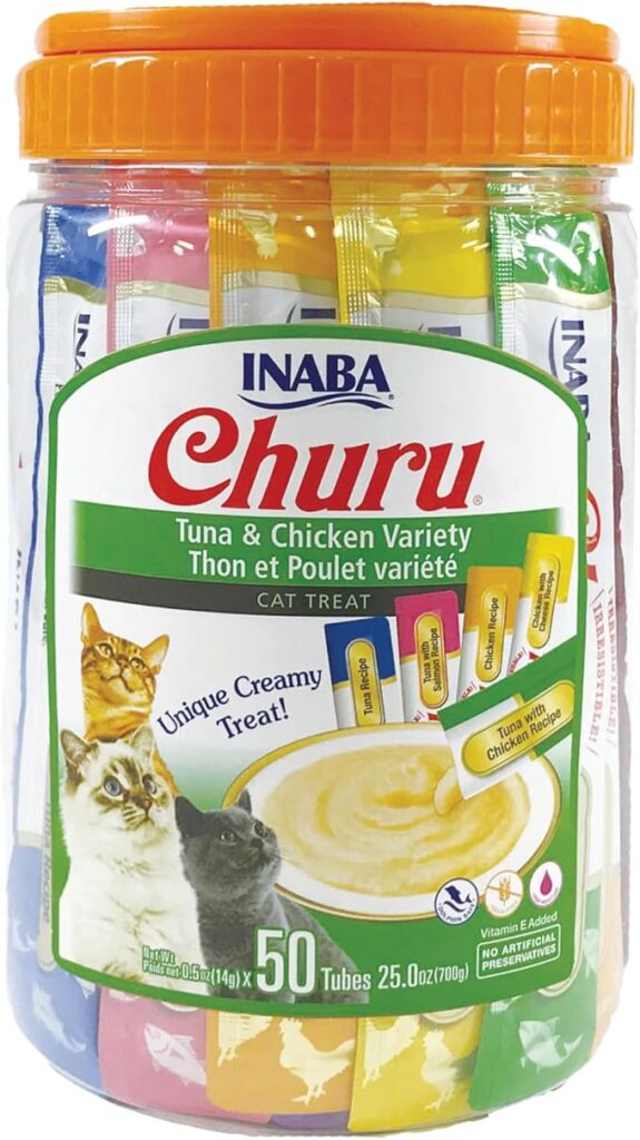 Churu Cat Treats, Grain-Free, Lickable, Squeezable Creamy Purée Cat Treat/Topper with Vitamin E & Taurine
